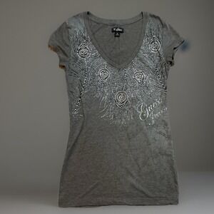 Y2K Guess Jeans‎ Gray Embellished Peacock Graphic V Neck T Shirt Size Small
